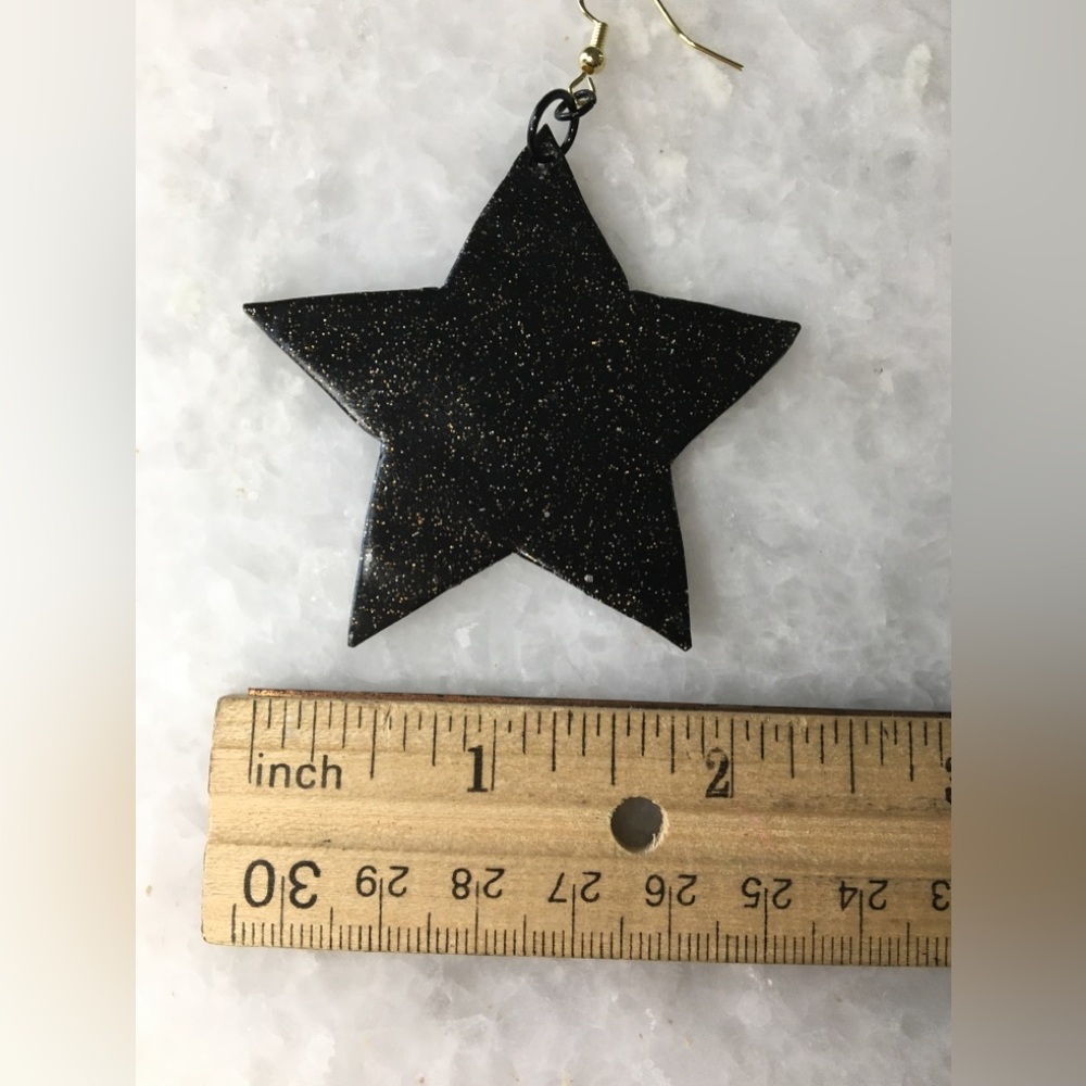 Large Black Stars with gold glitter accents handcrafted statement earrings β¨βοΈπ€ - Picture 4 of 13